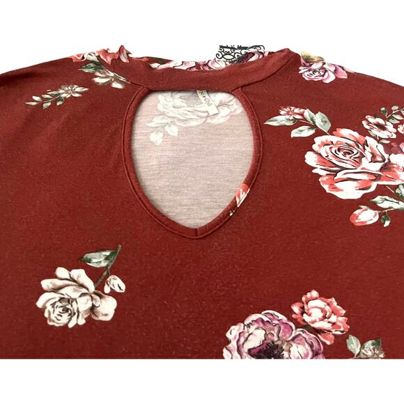 LIME N CHILI LONG SLEEVE, CUT OUT KEYHOLE NECK, WOMENS, L, BURNT ORANGE FLORAL - Picture 2 of 10